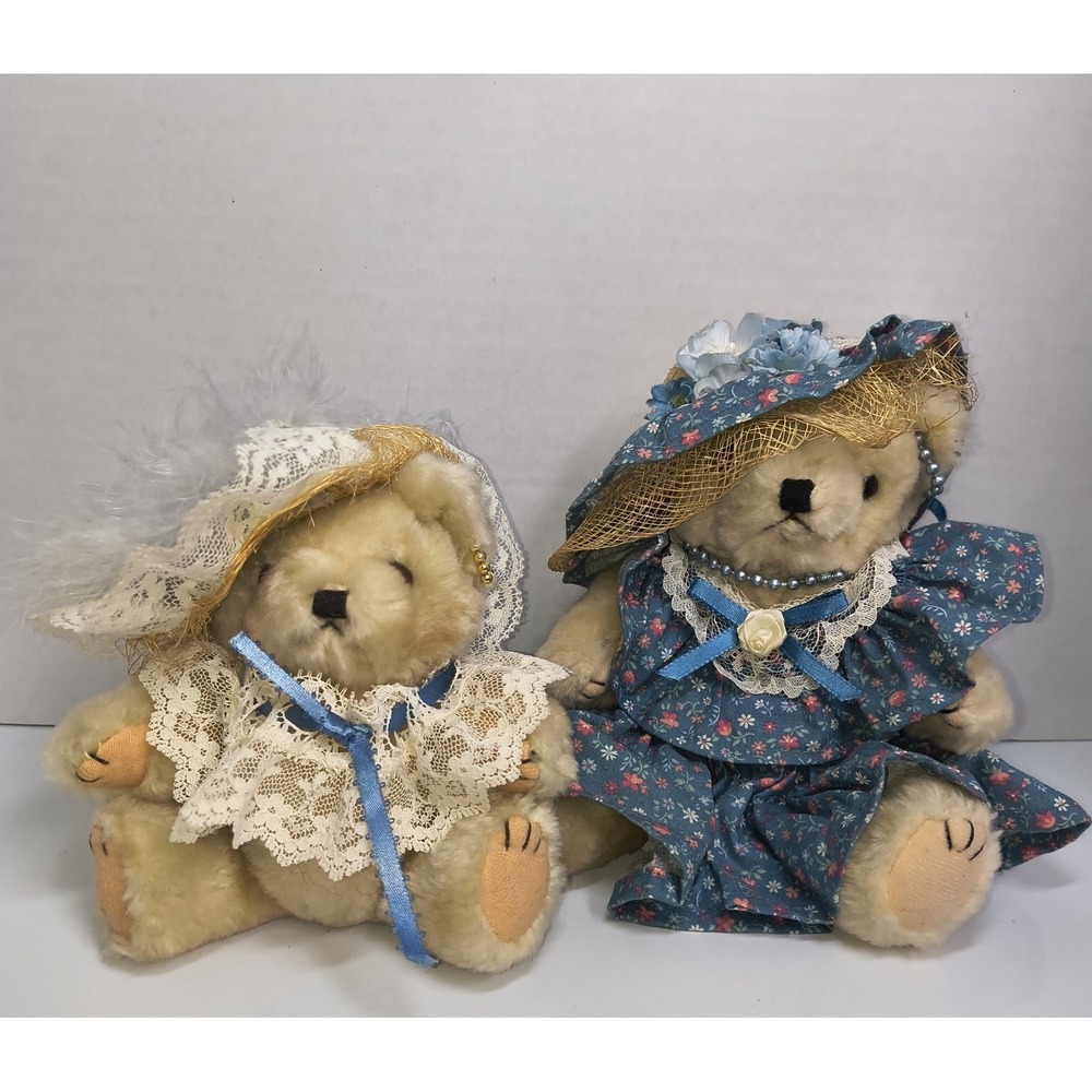 Vintage Jointed Teddy Bear Set Mother Daughter In Dress, Bonnet Blue Floral Lace